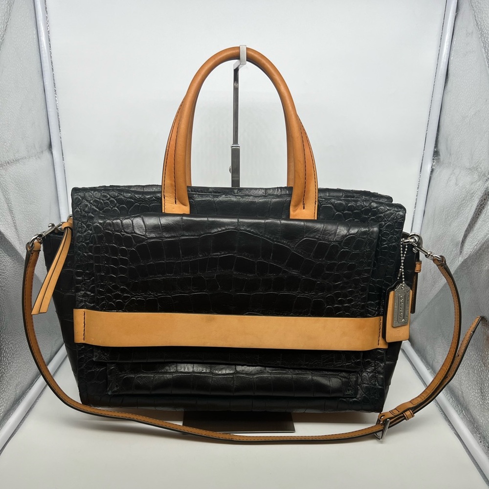 COACH 28305 Bleeker Pinnacle Matte Croc Embossed Black Carryall Tote Satchel